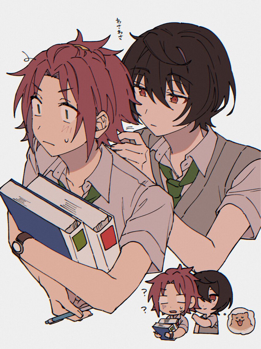 2boys ? ?? behind_another black_hair blank_eyes chibi chibi_inset chromatic_aberration cropped_torso curtained_hair double-parted_bangs ensemble_stars! film_grain folder grabbing_another&#039;s_hair green_eyes green_neckerchief hair_between_eyes half-closed_eyes highres holding holding_folder hugging_object isara_mao light_frown male_focus multiple_boys neckerchief nervous_sweating niyororinpayamaru no_jacket parted_bangs red_eyes red_hair sakuma_ritsu sanpaku school_uniform short_hair simple_background speech_bubble spoken_animal surprised sweat sweatdrop sweater_vest thought_bubble three_quarter_view two-handed v-shaped_eyebrows watch white_background wing_collar wristwatch yaoi