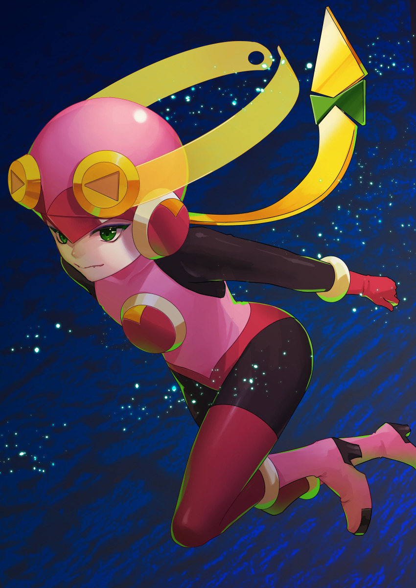 1girl absurdres black_bodysuit blonde_hair bodysuit boots bow fang green_bow green_eyes hair_bow helmet high_heel_boots high_heels highres leotard long_hair looking_at_viewer mega_man_(series) mega_man_battle_network_(series) pink_footwear pink_helmet pink_leotard roll.exe_(mega_man) solo vuipui