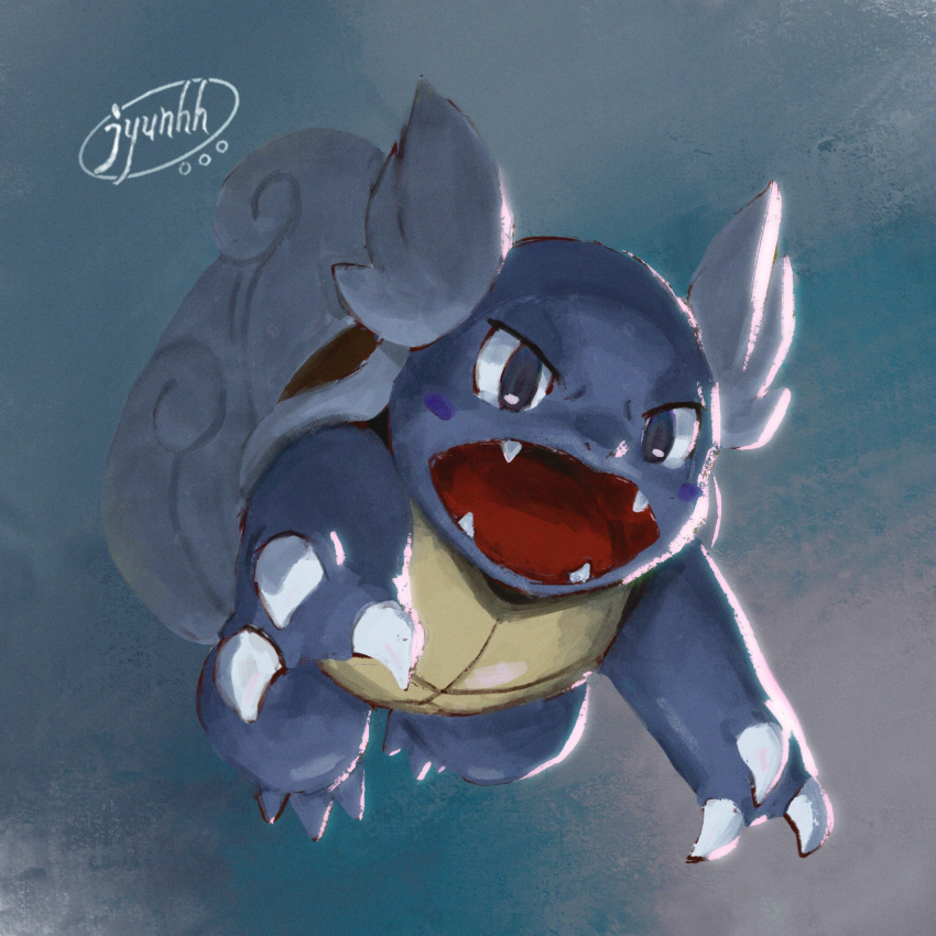 blue_background blue_eyes blue_theme claws commentary_request creature creatures_(company) fangs full_body game_freak gen_1_pokemon highres jumping jyunhh nintendo no_humans pokemon pokemon_(creature) signature simple_background solo wartortle