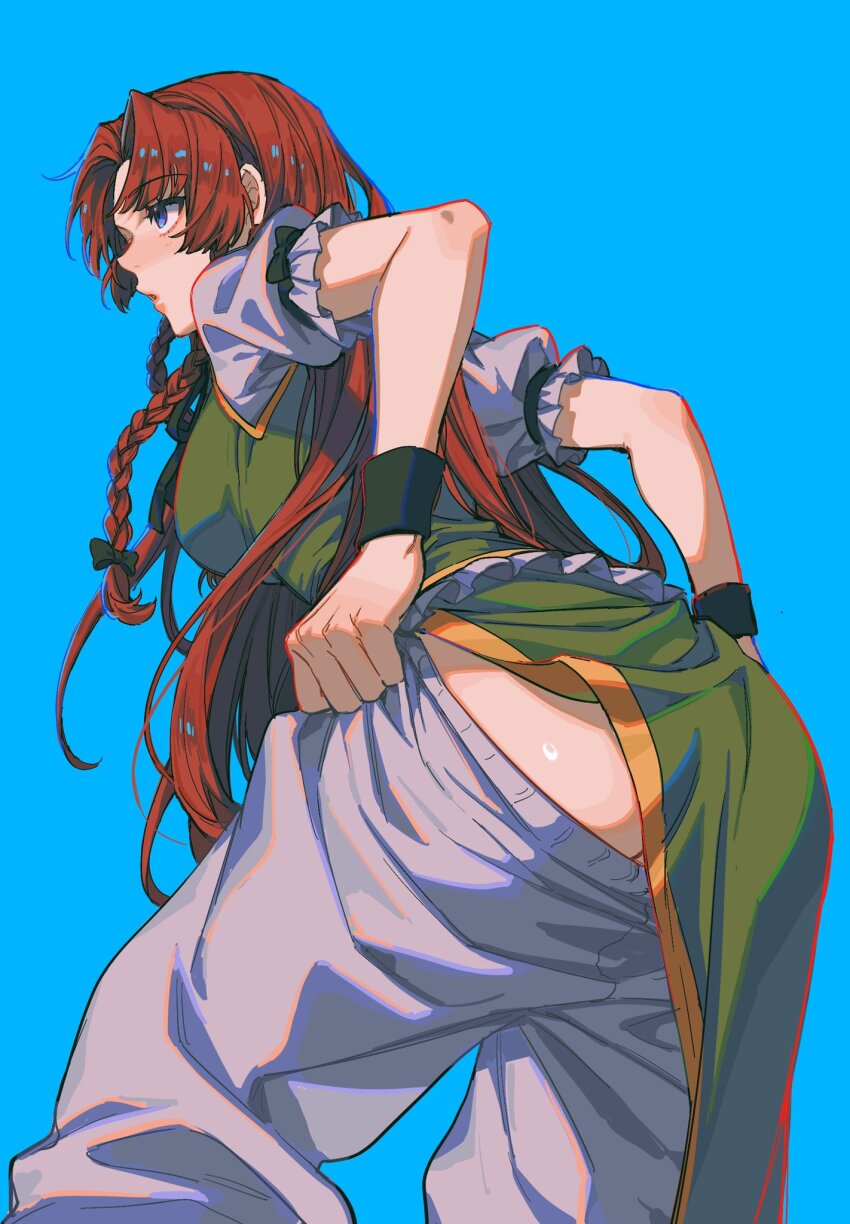 1girl ass_peek black_bow blue_eyes blurry blurry_background bow china_dress chinese_clothes dress from_behind green_dress hair_bow highres hong_meiling long_hair noriuma pants red_hair shirt sketch solo thighs touhou undressing very_long_hair white_pants white_shirt