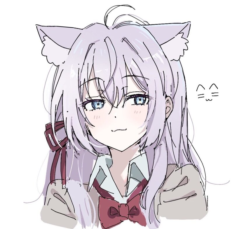 1girl :3 alisa_mikhailovna_kujou animal_ear_fluff animal_ears blue_eyes blush bow bowtie cat_ears cat_girl closed_mouth collared_shirt cropped_torso emoticon extra_ears hair_between_eyes hair_ribbon kemonomimi_mode long_hair looking_at_viewer portrait red_bow red_bowtie red_ribbon ribbon school_uniform shirt simple_background sketch solo tokidoki_bosotto_roshia-go_de_dereru_tonari_no_alya-san white_background white_shirt yunayuispink