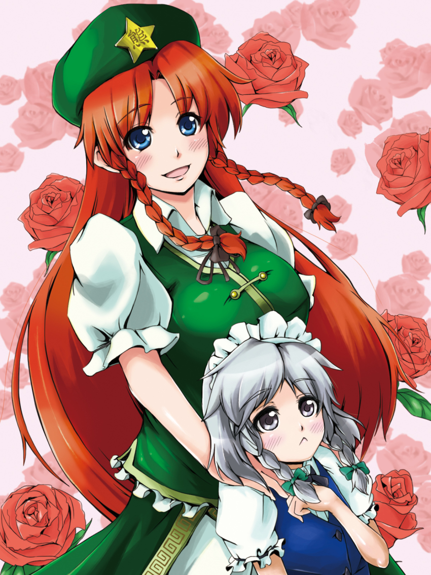 2girls :&lt; :d bad_id bad_pixiv_id beret blue_eyes blush braid china_dress chinese_clothes dress female_focus flower hair_ribbon hat hat_ornament highres hong_meiling izayoi_sakuya kumakichi. long_hair maid_headdress multiple_girls open_mouth pants pants_under_dress pink_background red_flower red_hair red_rose ribbon rose short_hair side_braid side_slit grey_eyes silver_hair smile star_(symbol) touhou twin_braids very_long_hair vest aged_down