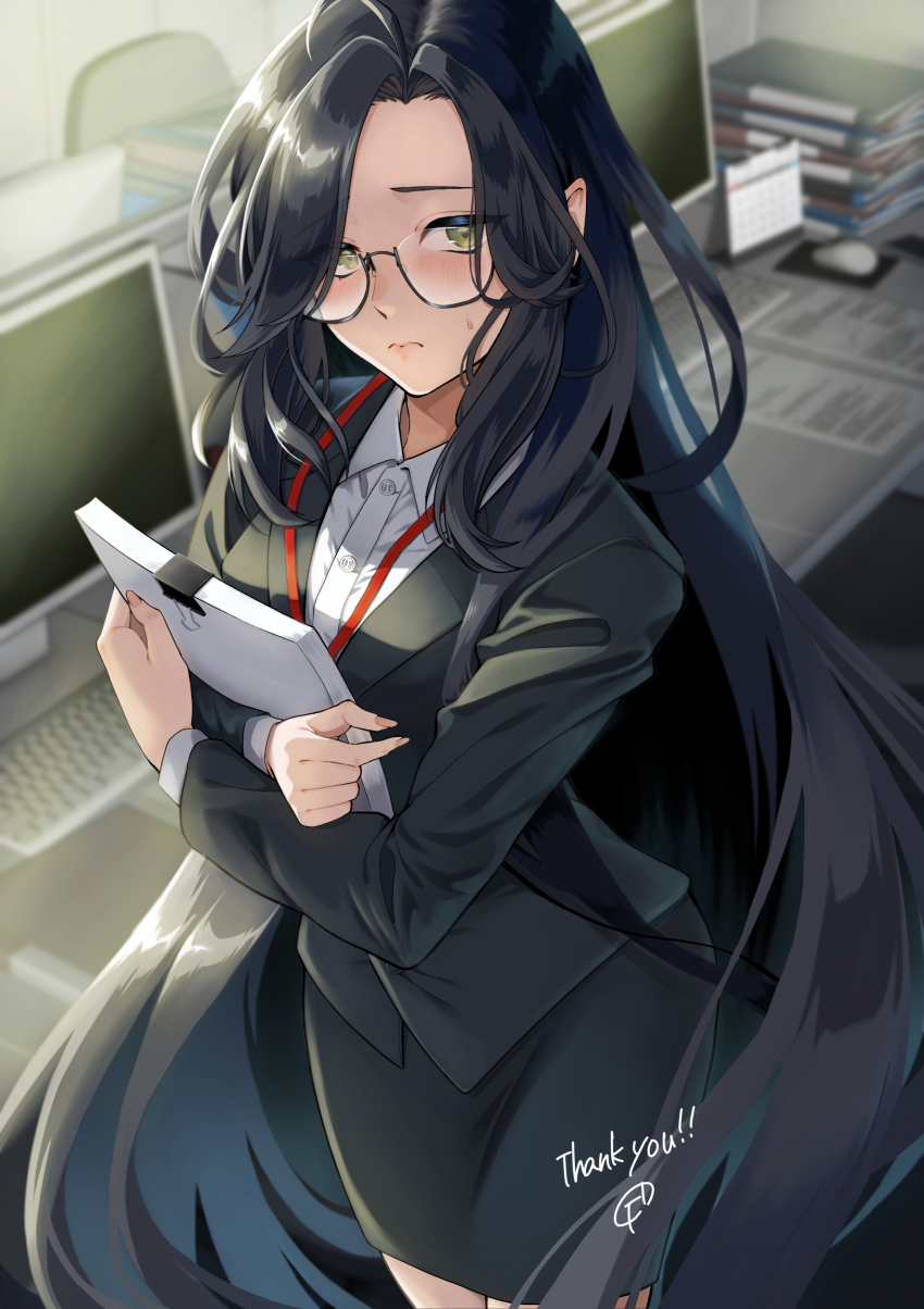 1girl absurdres ahoge black_hair black_jacket black_skirt blazer blurry blurry_background closed_mouth collared_shirt commentary_request commission computer_keyboard computer_mouse cowboy_shot crossed_arms desk fingernails frown fuku_dan glasses green_eyes highres holding holding_paper indoors jacket lanyard long_fingernails long_hair long_sleeves looking_at_viewer monitor office office_lady original paper pencil_skirt shirt skeb_commission skirt small_sweatdrop solo thank_you very_long_hair white_shirt