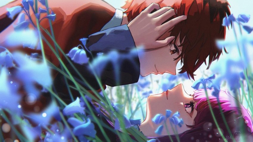 1boy 1girl absurdres black_shirt blue_flower blue_sky bluebell_(flower) blunt_bangs brown_eyes chinese_commentary cloak closed_mouth commentary_request couple day eye_contact eyelashes fern_(sousou_no_frieren) field flower flower_field from_side hand_on_another&#039;s_face hetero highres imminent_kiss light_particles lips long_hair long_sleeves looking_at_another lying lying_on_person on_back on_stomach outdoors purple_eyes purple_hair red_cloak red_hair red_lips shirt short_hair signature sklt_(swyt8223) sky sleeves_past_wrists smile sousou_no_frieren stark_(sousou_no_frieren) upper_body white_shirt