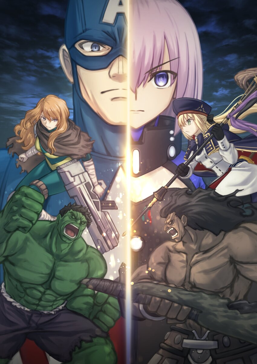 3boys 3girls absurdres animification artoria_caster_(fate) artoria_caster_(second_ascension)_(fate) artoria_pendragon_(fate) beret black_gloves black_hair black_pantyhose blonde_hair buttons captain_america character_request clenched_hand closed_mouth cloud cloudy_sky collar colored_skin crossover fate/grand_order fate/stay_night fate_(series) gloves green_skin gun hat heracles_(fate) highres holding holding_gun holding_staff holding_weapon hope_summers hulk long_hair marvel mash_kyrielight mash_kyrielight_(ortenaus) multiple_boys multiple_girls muscular muscular_male night open_mouth orange_eyes orange_hair pants pantyhose pink_hair purple_eyes shirt shoori_(migiha) skirt sky staff staff_of_selection_(fate) steve_rogers superhero_costume takeuchi_takashi_(style) topless_male torn_clothes torn_pants weapon white_shirt white_skirt