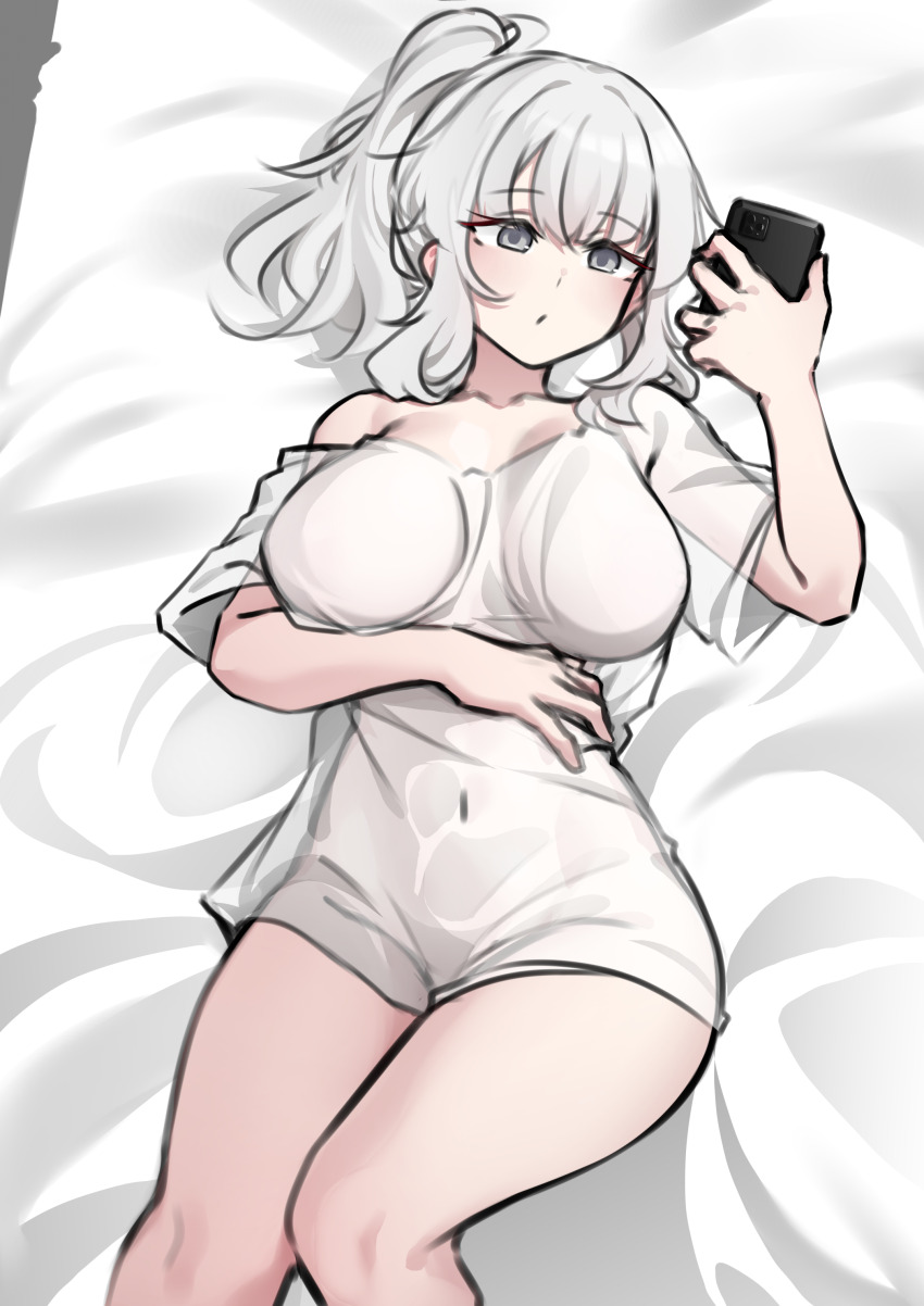 1girl absurdres bed_sheet blunt_bangs breasts collarbone commission covered_navel grey_eyes hand_on_own_stomach high_ponytail highres holding holding_phone k0ng knees_up large_breasts light_blush long_hair looking_at_phone lying naked_shirt on_back on_bed original oversized_clothes oversized_shirt phone see-through see-through_shirt shirt sidelocks single_off_shoulder wavy_hair white_hair white_shirt