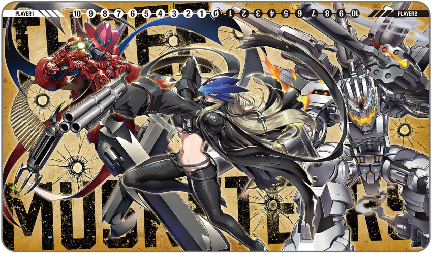 1boy 1girl ankle_gun arm_cannon beelstarmon black_coat black_gloves black_pants black_shirt blonde_hair coat cowboy_shot cropped_shirt digimon digimon_(creature) digimon_card_game dual_wielding eye_mask finger_cannon gloves gun gundramon handgun hat holding holding_gun holding_weapon long_hair magnakidmon midriff multiple-barrel_gun multiple-barrel_gun navel non-humanoid_robot official_art pants purple_eyes purple_lips red_hat revolver robot robot_dragon shirt shoulder_cannon third_eye tonami_kanji weapon