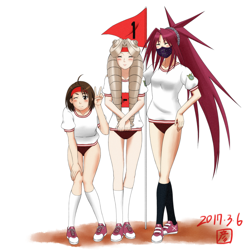 2017 3girls ahoge artist_request black_legwear brown_eyes brown_hair buruma commentary_request dated drill_hair closed_eyes flag full_body gym_uniform headband highres himezaki_aoi justice_gakuen kazama_akira kirishima_yurika mask moero!_justice_gakuen multiple_girls one_eye_closed ponytail purple_hair red_headband shirt socks spiked_hair twin_drills v white_legwear white_shirt