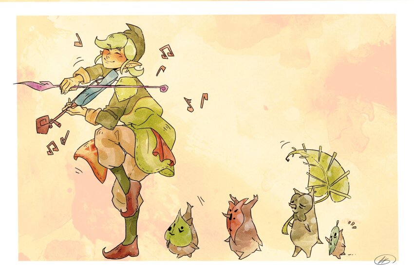 1boy blonde_hair blush closed_eyes fado_(wind_waker) full_body h4m_bone hat highres instrument irch_(zelda) kokiri korok leaf linder_(the_legend_of_zelda) makar mask music musical_note nintendo olivio playing_instrument smile the_legend_of_zelda the_legend_of_zelda:_the_wind_waker violin walking