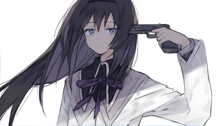 1girl akemi_homura akemi_homura_(magical_girl) argyle_clothes artist_request black_hair blush bow closed_mouth collared_capelet expressionless gun hair_ribbon hairband handgun highres holding holding_gun holding_weapon long_hair magical_girl mahou_shoujo_madoka_magica mahou_shoujo_madoka_magica_(anime) non-web_source purple_eyes ribbon simple_background solo source_request two-tone_capelet weapon white_background