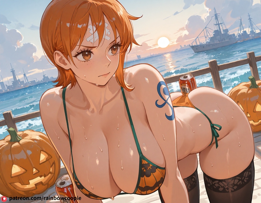 beautfiul_background breasts brown_eyes buttjob can cleavage collarbone food freckles harbor huge_breasts jack-o&#039;-lantern nami_(one_piece) noodles orange_hair overcast_sky scratched short_hair stunning_backgroud sunlight sweat sweat_on_forehead thighhighs windy