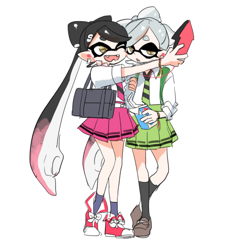 2girls bag callie_(splatoon) cellphone earbuds earphones fangs full_body highres holding_another&#039;s_arm juice_box marie_(splatoon) multiple_girls nintendo phone samochau school_bag school_uniform shared_earphones smartphone splatoon_(series) taking_picture white_background