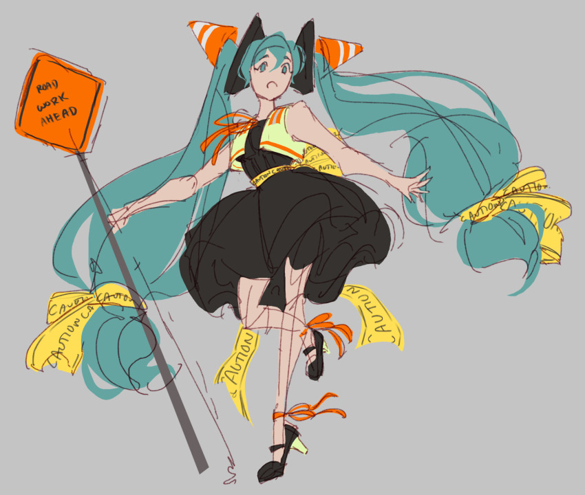 1girl artist_request caution_tape dress hatsune_miku high-visibility_clothing high-visibility_vest high_heels highres road_sign sign solo traffic_cone twintails vocaloid worldwide_miku