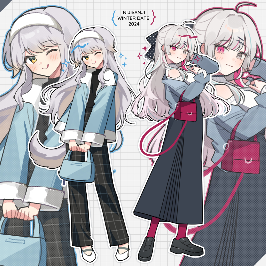 2girls ;p absurdres ahoge alternate_costume animal_ears bag black_footwear black_pants black_shirt black_skirt blue_background blue_jacket blush clothing_cutout commentary_request dog_ears dog_girl dog_tail english_text full_body grey_eyes grey_hair grid_background hairband handbag heterochromia high-waist_skirt highres ishigami_nozomi jacket loafers long_hair long_skirt looking_at_viewer multiple_girls nijisanji one_eye_closed pants pink_eyes red_bag red_socks shioriha_ruri shirt shoes shoulder_cutout skirt smile socks sparkle tail tongue tongue_out virtual_youtuber waka_(wk4444) wavy_hair white_background white_footwear white_hairband yellow_eyes zoom_layer