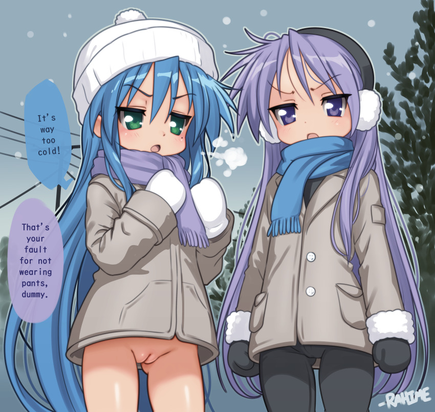 2girls absurdres beanie blue_hair breath change_in_common_sense cleft_of_venus coat earmuffs english_text exhibitionism fat_mons green_eyes groin hat highres hiiragi_kagami izumi_konata loli long_hair lucky_star mittens mons_pubis multiple_girls outdoors pants public_indecency purple_eyes purple_hair pussy rahime scarf school_uniform snow thighs tree utility_pole winter_clothes