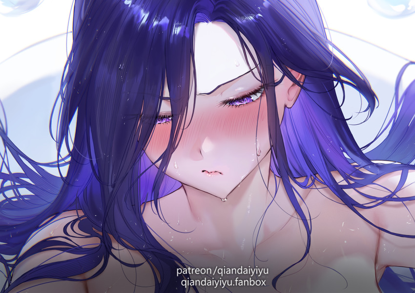 1girl artist_name averting_eyes bathtub blush bubble clorinde_(genshin_impact) closed_mouth collarbone commentary_request cropped genshin_impact hair_flowing_over long_hair paid_reward_available purple_eyes purple_hair qiandaiyiyu solo very_long_hair wet