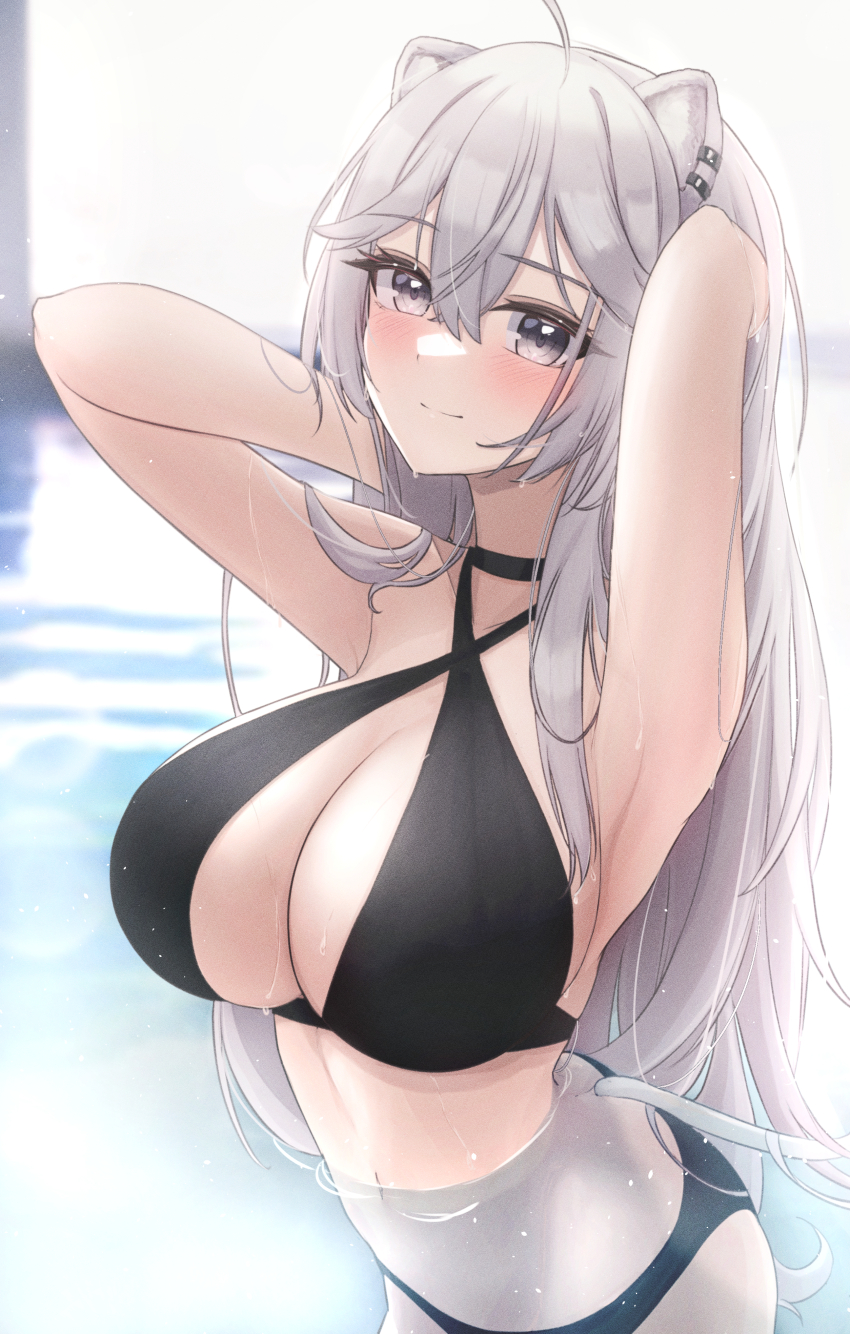 1girl absurdres ahoge animal_ears armpits arms_up bikini black_bikini black_choker blush breasts choker closed_mouth crossed_bangs grey_eyes hands_in_hair highres hololive large_breasts light_smile lion_ears lion_girl lion_tail long_hair looking_at_viewer mofu07519 shishiro_botan smile solo swimsuit tail very_long_hair virtual_youtuber wading water wet white_hair