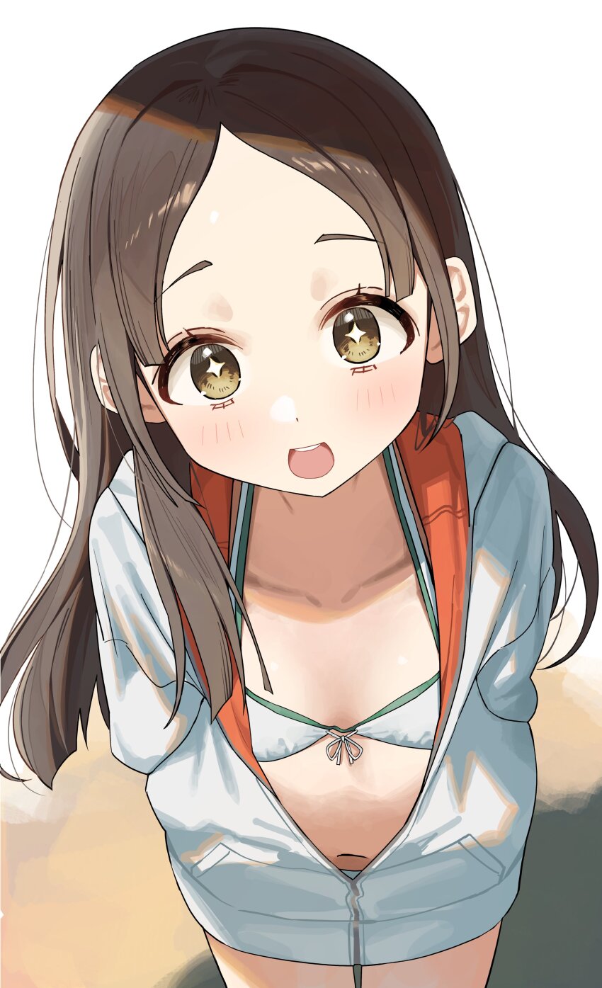 +_+ 1girl absurdres arms_behind_back bikini bikini_under_clothes blush brown_eyes brown_hair flat_chest gakuen_idolmaster highres idolmaster jacket kimi_to_semi_blue_(idolmaster) kuramoto_china long_hair looking_at_viewer navel open_clothes open_mouth partially_unzipped smile solo sparkling_eyes swimsuit syhan white_background white_bikini white_jacket