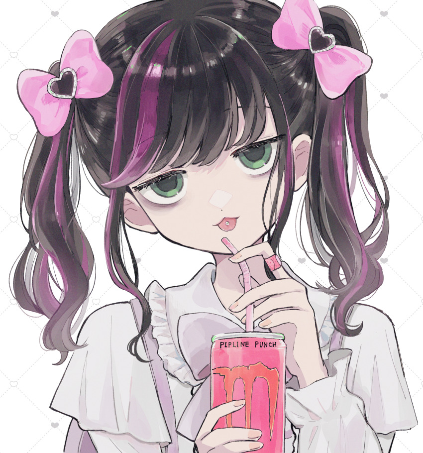 1girl bags_under_eyes bandaid bandaid_on_finger black_hair bow can collared_shirt dotted_line drinking_straw energy_drink english_text fingernails frilled_shirt frills green_eyes grey_shirt grid_background hair_bow hair_ornament hand_up heart heart_hair_ornament highres holding holding_can jirai_kei jitome kuroki_tomoko long_hair long_sleeves looking_at_viewer monster_energy multicolored_hair nuka_(nukamochi) official_alternate_costume official_alternate_hairstyle piercing pink_bow pink_hair purple_bow shirt sidelocks solo streaked_hair tongue tongue_out tongue_piercing two-tone_hair two_side_up upper_body watashi_ga_motenai_no_wa_dou_kangaetemo_omaera_ga_warui! white_background