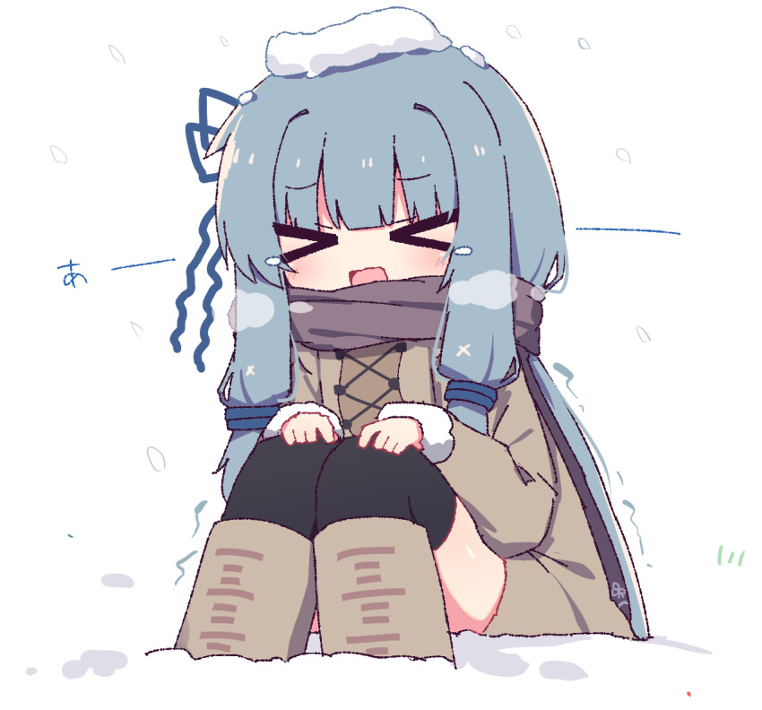 &gt;_&lt; 1girl black_thighhighs blue_hair blue_ribbon blunt_bangs blush boots brown_coat brown_footwear brown_scarf coat cold commentary dated_commentary full_body fur-trimmed_sleeves fur_trim hair_ribbon hands_on_own_knees hibino_000 kotonoha_aoi long_hair long_sleeves open_mouth ribbon scarf sidelocks simple_background sitting snow snow_on_head solo tears thighhighs trembling voiceroid white_background