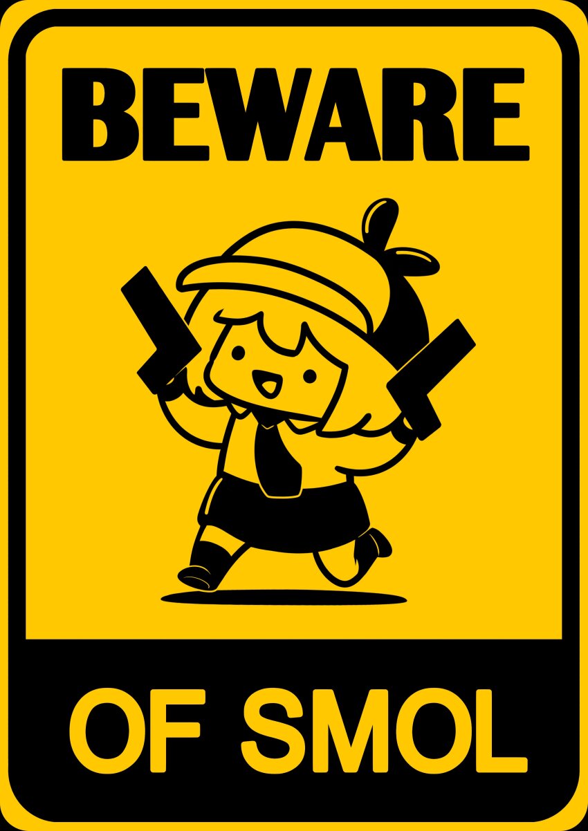 1girl :d absurdres chibi commentary deerstalker dual_wielding english_text gun handgun hat high_contrast highres holding holding_gun holding_weapon hololive hololive_english limited_palette necktie open_mouth phdpigeon road_sign running shirt sign skirt smile smol_ame solo symbol-only_commentary virtual_youtuber watson_amelia weapon yellow_background