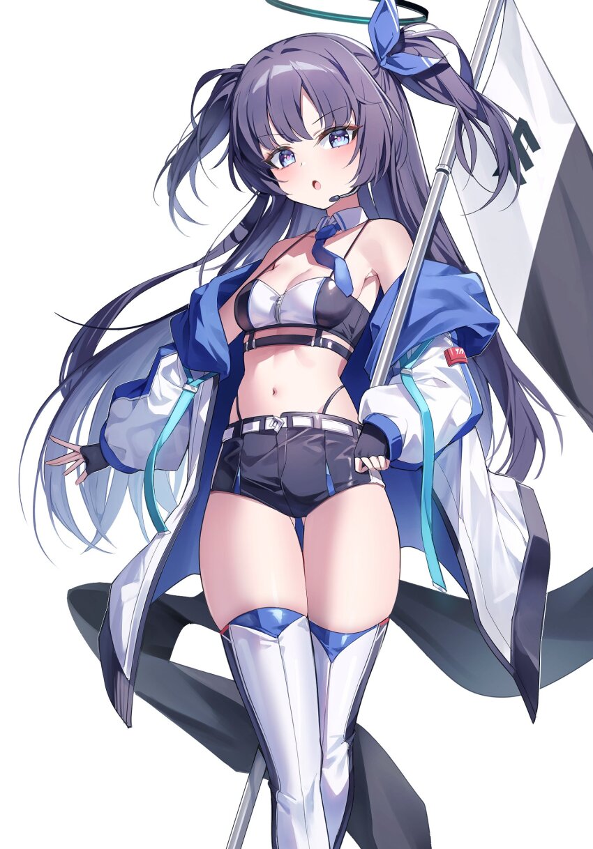 1girl bare_shoulders belt black_gloves black_shirt black_shorts blue_archive blue_eyes blue_necktie breasts cleavage crop_top detached_collar feet_out_of_frame fingerless_gloves flag gloves hair_ribbon halo highleg highres holding holding_flag jacket long_hair long_sleeves looking_at_viewer midriff navel necktie off_shoulder open_clothes open_jacket open_mouth panty_straps puffy_long_sleeves puffy_sleeves purple_hair race_queen ribbon shirt short_necktie short_shorts shorts simple_background sleeveless sleeveless_shirt small_breasts solo spaghetti_strap stomach strap_gap thigh_gap thighhighs thighs two-tone_shirt two_side_up ugwa v-shaped_eyebrows very_long_hair white_background white_jacket white_thighhighs yuuka_(blue_archive)