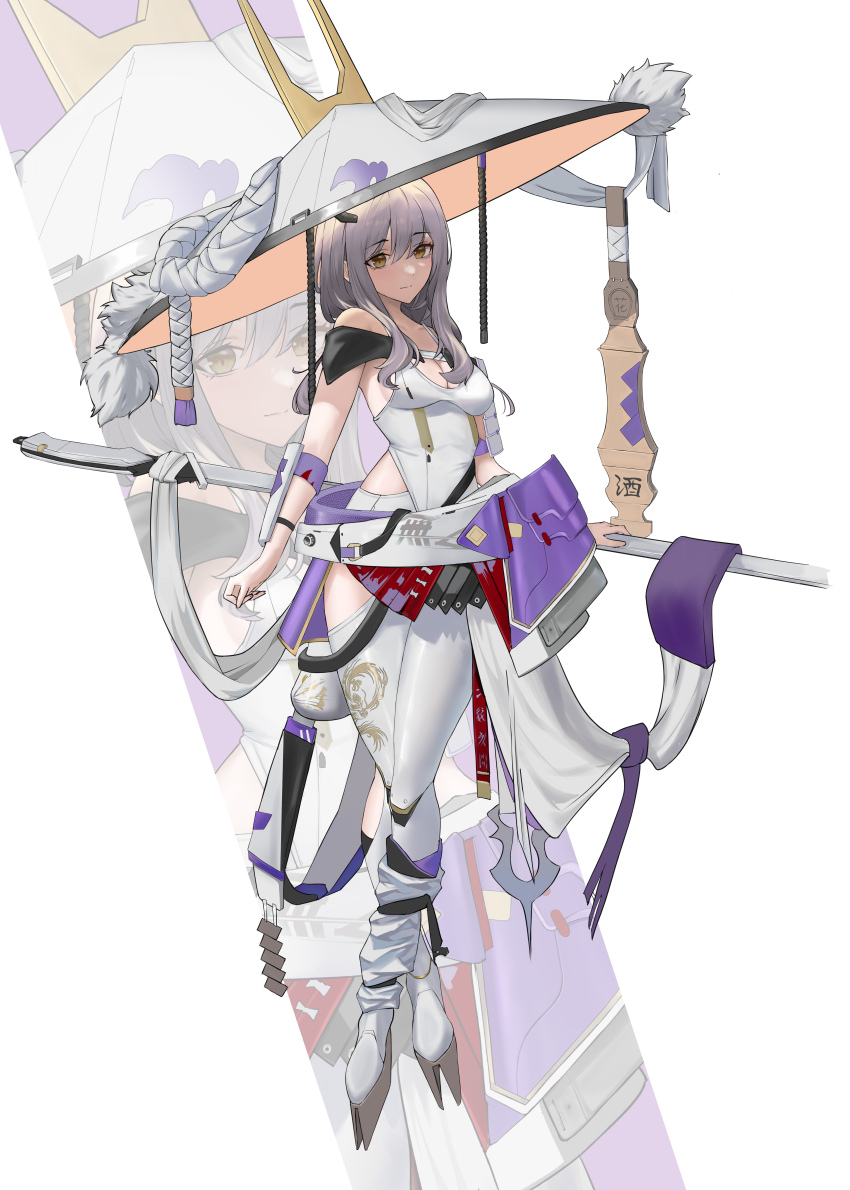 1girl absurdres arm_guards armor artist_request bare_shoulders breasts cleavage closed_mouth clothing_cutout goddess_of_victory:_nikke grey_hair hair_between_eyes hat highres holding japanese_armor jingasa large_hat leg_cutout leotard long_hair looking_at_viewer medium_breasts scarlet_(nikke) smile solo sword weapon white_leotard yellow_eyes zoom_layer