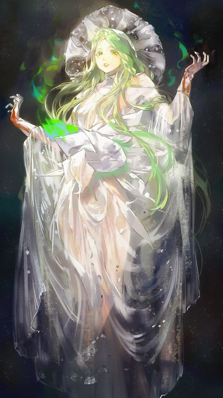 1girl absurdres blood blood_on_clothes blood_on_hands breasts dress fire_emblem fire_emblem:_three_houses green_eyes green_hair highres lkppp long_hair long_sleeves looking_at_viewer medium_breasts nintendo parted_lips rhea_(fire_emblem) see-through see-through_dress see-through_veil solo veil white_dress