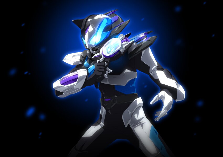 1boy animal_ears armor asymmetrical_armor asymmetrical_gloves black_armor blue_eyes commentary compound_eyes english_commentary fox_ears from_side gloves gun highres holding holding_weapon kamen_rider kamen_rider_geats_(series) kamen_rider_ziin laser_raise_riser male_focus mismatched_animal_ear_colors mismatched_gloves otokamu single_shoulder_pad solo weapon white_armor ziin_(kamen_rider_geats)