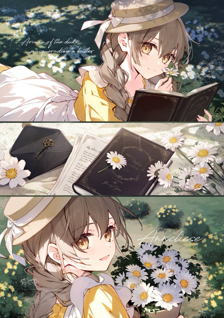 1girl annelise_(mochizuki_shiina) blush book bouquet braid brown_hair closed_mouth daisy dress envelope flower from_behind hand_in_own_hair hat highres holding holding_book holding_bouquet holding_flower key looking_at_viewer lying mochizuki_shiina multiple_views on_stomach open_mouth original paper smile solo twin_braids yellow_dress yellow_eyes