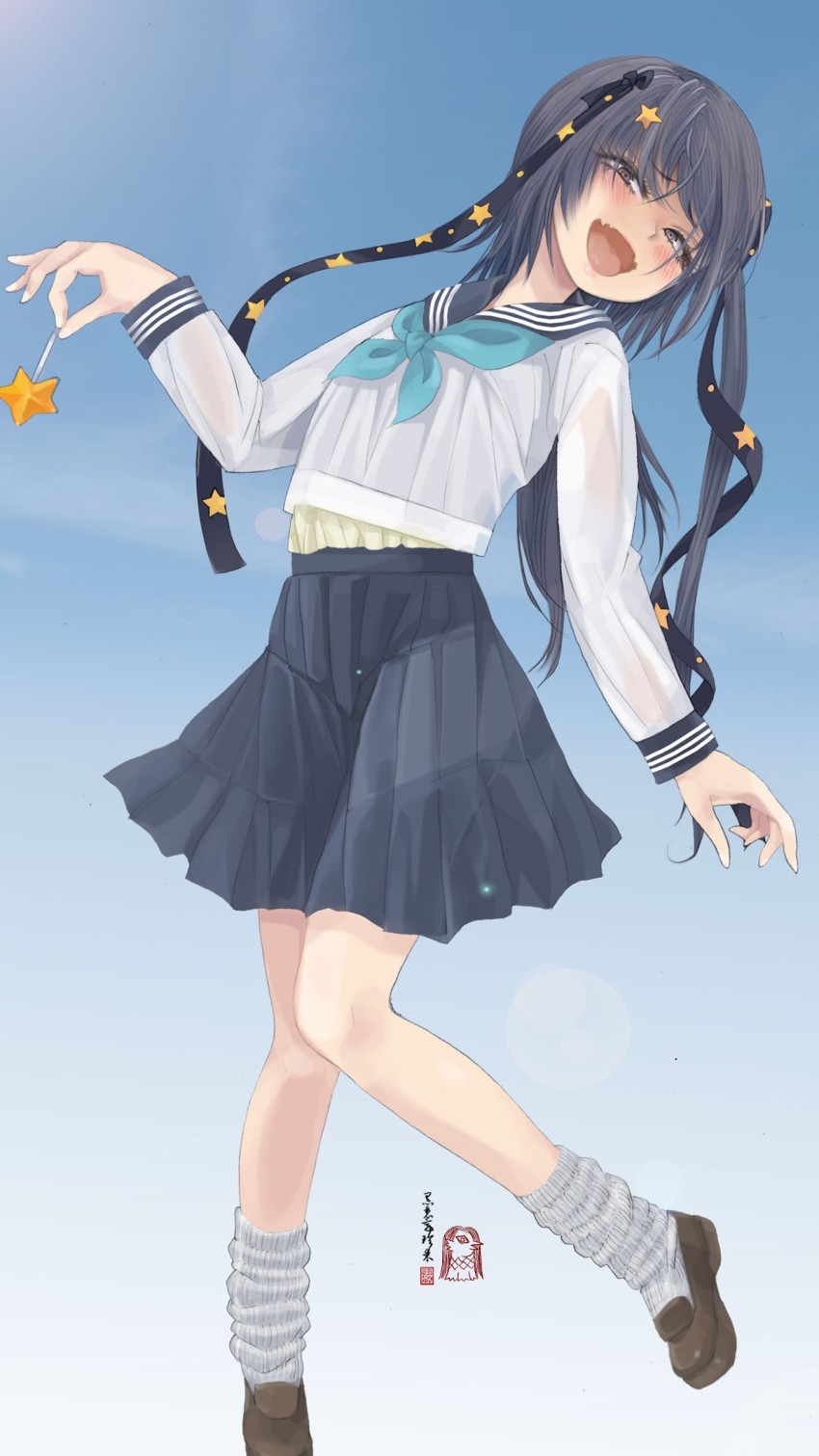 1girl absurdres alternate_costume black_ribbon black_sailor_collar black_skirt blue_neckerchief brown_footwear candy cloritin fangs food full_body grey_eyes grey_hair hair_ribbon highres kantai_collection loafers lollipop long_hair looking_at_viewer loose_socks myoukou_pose neckerchief open_mouth pleated_skirt ribbon sailor_collar scamp_(kancolle) school_uniform serafuku shoes side_ponytail skin_fangs skirt smile socks solo standing star_(symbol)