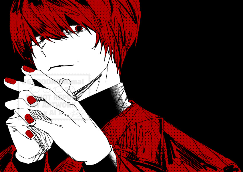 1boy absurdres black_background coat gooodnongmal hands_up highres homicipher looking_at_viewer male_focus mr._scarletella own_hands_clasped own_hands_together red_coat red_eyes red_hair red_nails red_theme short_hair simple_background solo turtleneck upper_body