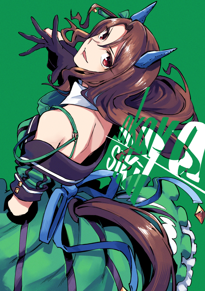 1girl absurdres akaya_shiki animal_ears brown_hair dress ear_covers gloves green_background green_dress highres horse_ears horse_girl king_halo_(umamusume) looking_at_viewer looking_back off_shoulder open_mouth solo umamusume