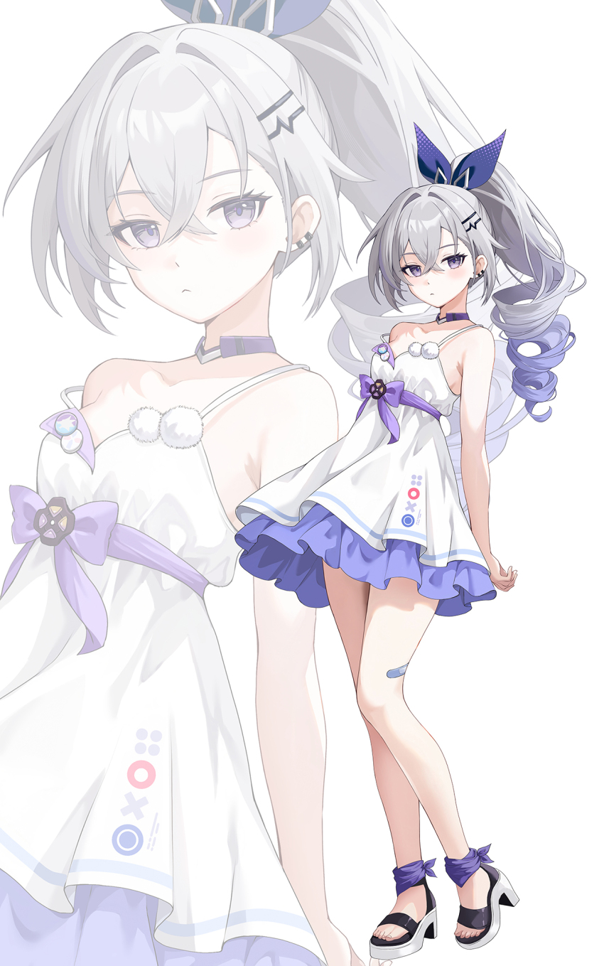 1girl blue_dress blue_hair collarbone crossed_bangs dress drill_hair gradient_hair grey_hair hair_between_eyes hashtag-only_commentary high_heels highres honkai:_star_rail honkai_(series) kottungyang layered_dress light_frown long_hair looking_at_viewer multicolored_hair purple_eyes silver_wolf_(honkai:_star_rail) sleeveless sleeveless_dress spaghetti_strap strap_slip very_long_hair white_background white_dress white_footwear zoom_layer