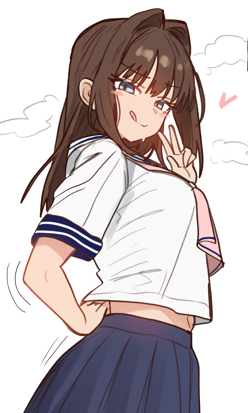 1girl absurdres aged_down aozaki_aoko ascot blue_eyes blue_sailor_collar blue_skirt breasts brown_hair commentary ebora english_commentary hand_on_own_hip highres looking_at_viewer mahou_tsukai_no_yoru mesugaki midriff navel pink_ascot sailor_collar sailor_shirt school_uniform shirt sidelocks skirt smile solo tongue tongue_out v white_background white_shirt