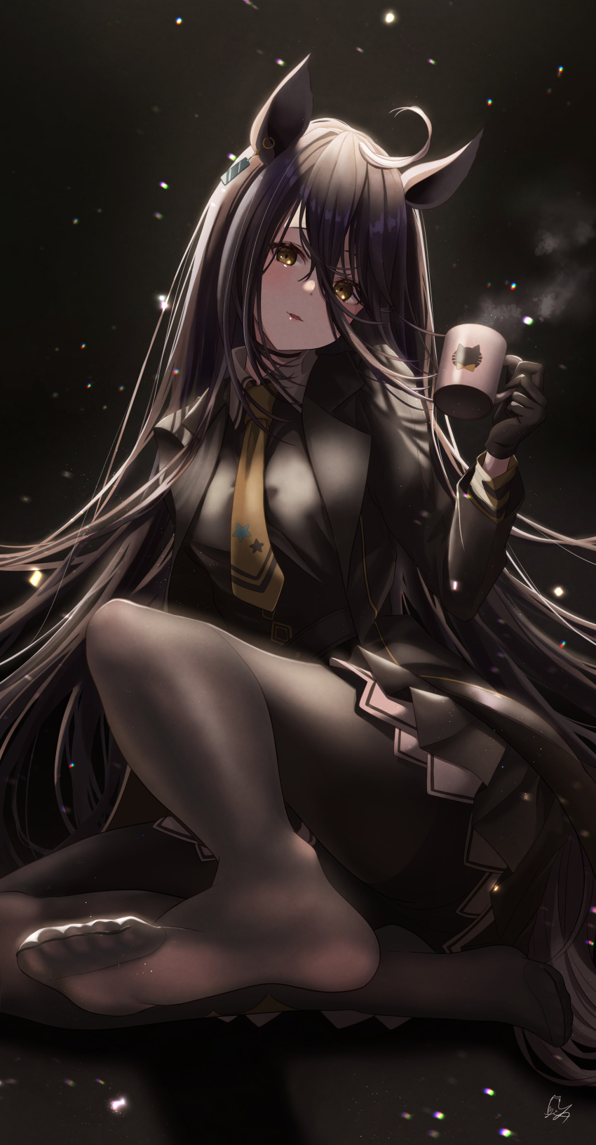 1girl absurdres ahoge black_gloves black_hair black_jacket black_shirt black_skirt cat_symbol coffee_mug collared_shirt cup earrings feet gloves hair_between_eyes highres holding holding_cup horse_girl jacket jewelry long_hair manhattan_cafe_(umamusume) mug necktie no_shoes pantyhose print_mug shirt signature skirt solo star_(symbol) totomiya umamusume yellow_eyes yellow_necktie