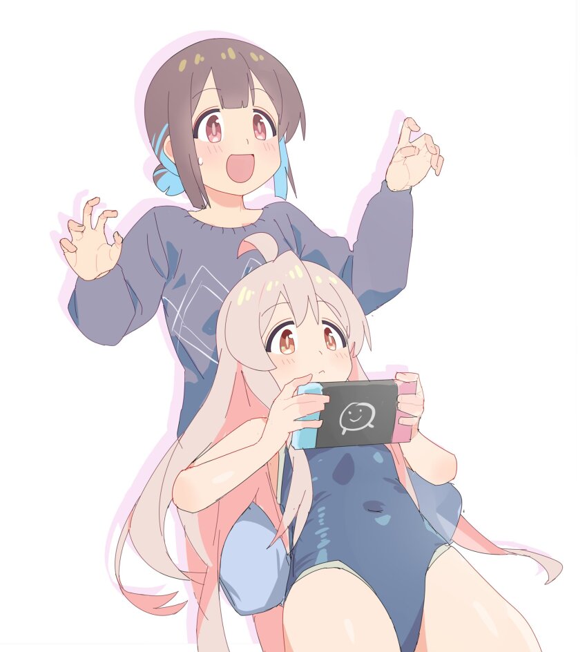 2girls :d ahoge bare_arms bare_shoulders black_shirt blue_hair blue_one-piece_swimsuit blunt_bangs brown_eyes brown_hair colored_inner_hair commentary covered_navel double-parted_bangs drop_shadow grey_hair handheld_game_console highres holding holding_handheld_game_console hozuki_momiji karubi_(karubi465558) light_blush long_hair long_sleeves multicolored_hair multiple_girls nintendo_switch one-piece_swimsuit onii-chan_wa_oshimai! open_mouth oyama_mahiro pink_hair ponytail shirt short_hair short_ponytail simple_background smile swimsuit two-tone_hair very_long_hair white_background