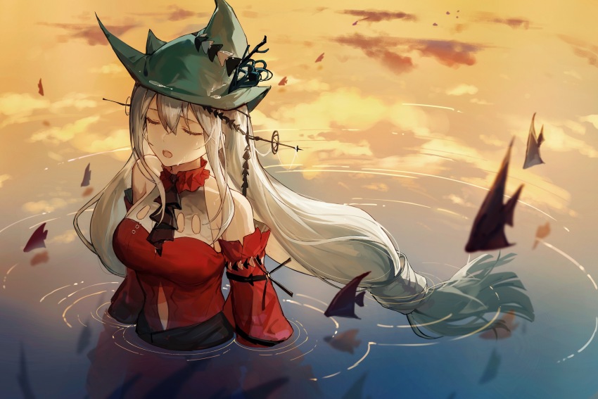 1girl aqua_hat arknights ascot black_ascot closed_eyes cloud commentary crying crying_with_eyes_open detached_sleeves dress grey_hair hair_between_eyes hair_ornament hair_stick hat highres long_hair low-tied_long_hair official_alternate_costume open_mouth outdoors partially_submerged qinglai_haiji red_dress red_sleeves reflection ripples skadi_(arknights) skadi_the_corrupting_heart_(arknights) sleeveless sleeveless_dress solo tears upper_body water wet