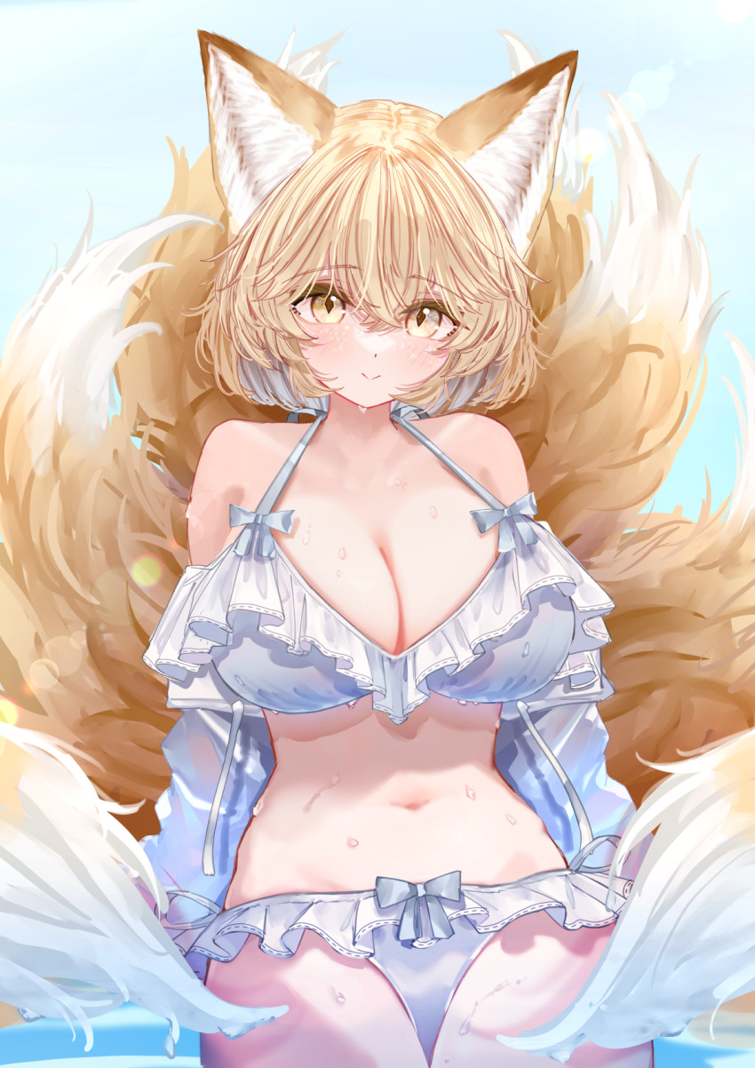 1girl animal_ears bikini blonde_hair blush bob_cut breasts cleavage fox_ears fox_girl fox_tail frilled_bikini frills highres large_breasts looking_at_viewer multiple_tails navel ribbon-trimmed_bikini ribbon_trim sarasadou_dan short_hair smile solo stomach swimsuit tail touhou wet_tail white_bikini yakumo_ran yellow_eyes