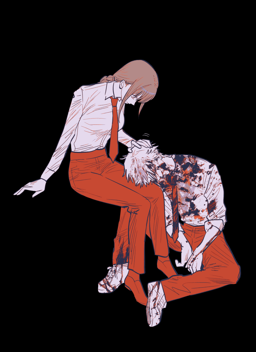 13x39 1boy 1girl absurdres black_background blood blood_in_hair blood_on_clothes braid breasts chainsaw_man closed_mouth collared_shirt commentary_request denji_(chainsaw_man) head_on_another&#039;s_leg head_on_lap headpat highres invisible_chair korean_commentary laying_on_person long_sleeves makima_(chainsaw_man) medium_breasts monochrome necktie pants shirt short_hair simple_background single_braid sitting sleeves_rolled_up smile