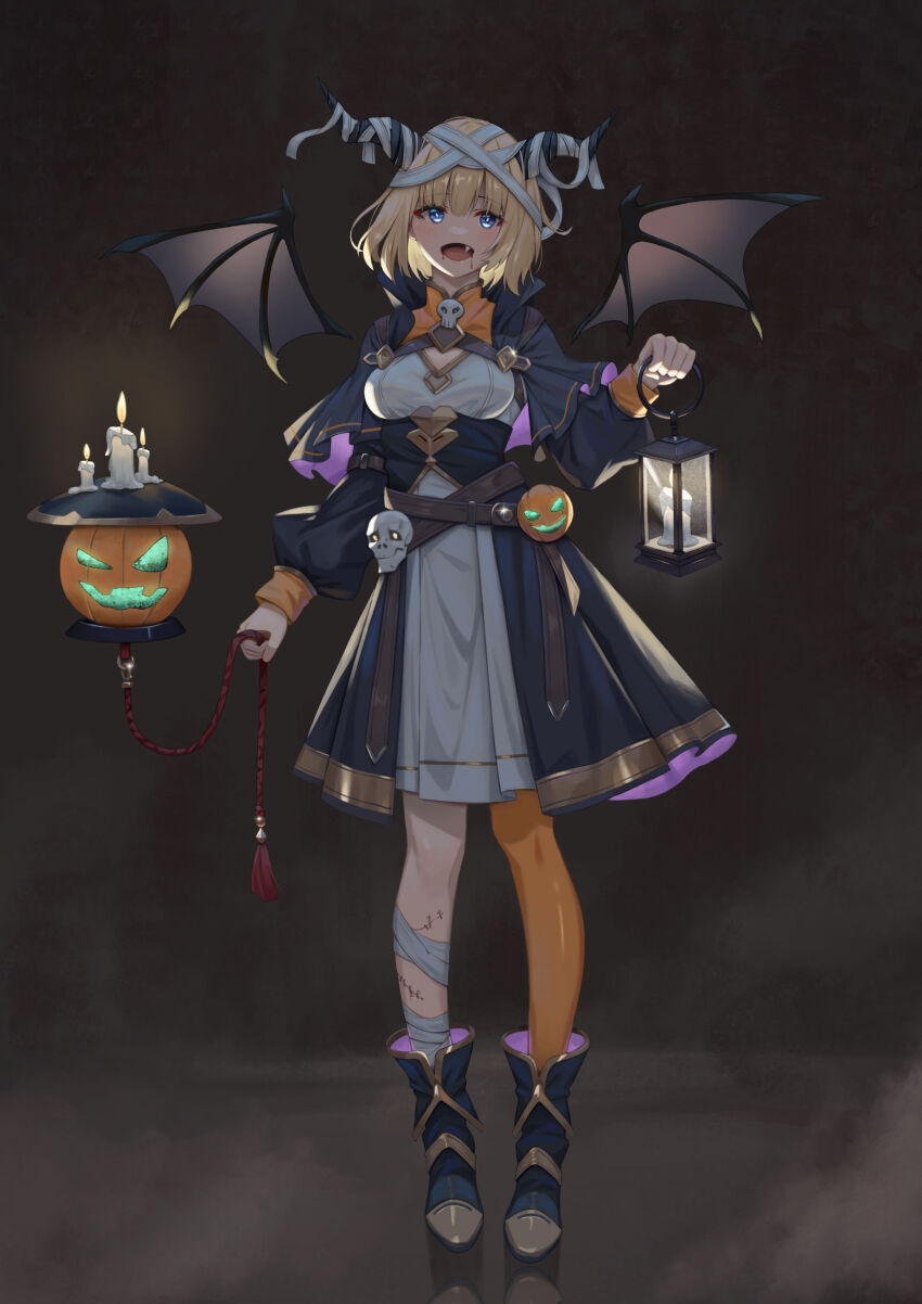 1girl absurdres ankle_boots asymmetrical_legwear bandaged_head bandaged_horn bandaged_leg bandages bat_wings belt black_background black_dress blonde_hair blood_drip blood_on_mouth blue_eyes blue_footwear blush boots breasts brown_dust_(series) brown_dust_2 calder_(pixiv3698273) candle candlelight cleavage_cutout clothing_cutout demon_girl demon_horns dress eyebrows_hidden_by_hair fang full_body hair_between_eyes halloween halloween_costume highres holding holding_lantern horns justia_(brown_dust) lantern lips medium_breasts mirror orange_thighhighs reflection short_hair simple_background skull_on_head smile solo stitches thighhighs white_dress wings