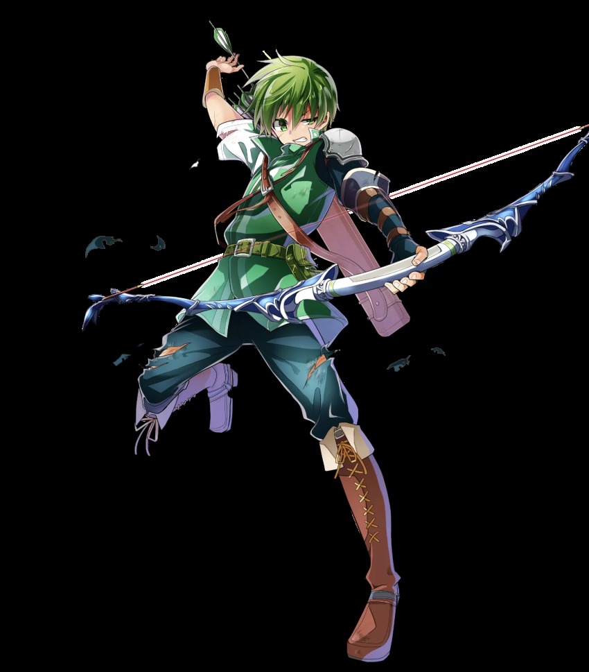 1boy arrow_(projectile) boots bow_(weapon) damaged fingerless_gloves fire_emblem fire_emblem:_mystery_of_the_emblem fire_emblem_heroes full_body gloves gordin_(fire_emblem) green_eyes green_hair highres itagaki_hako male_focus nintendo official_art quiver scar solo teeth transparent_background weapon