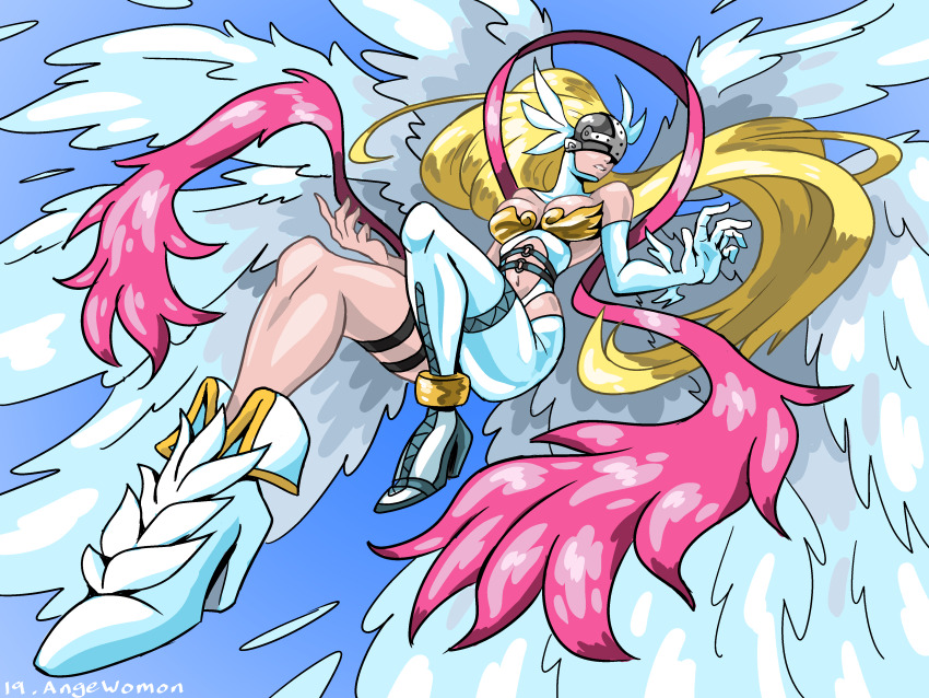 1girl absurdres angel angel_wings angewomon anklet armor asymmetrical_clothes bare_shoulders belly belt blonde_hair blue_sky bodysuit breastplate breasts cleavage clothing_cutout covered_eyes digimon digimon_(creature) digimon_adventure digimon_adventure_02 elbow_gloves feathered_wings feathers flying gloves gold gold_bra hagoromo head_wings helmet helmet_over_eyes highres holy_ring jewelry long_hair multiple_wings navel o-ring o-ring_belt open_mouth parted_lips podrace_explode shawl sky smile solo stomach stomach_cutout thigh_strap waist_cutout white_bodysuit white_wings wing_ears winged_gloves winged_helmet wings wrist_wings zipper zipper_footwear