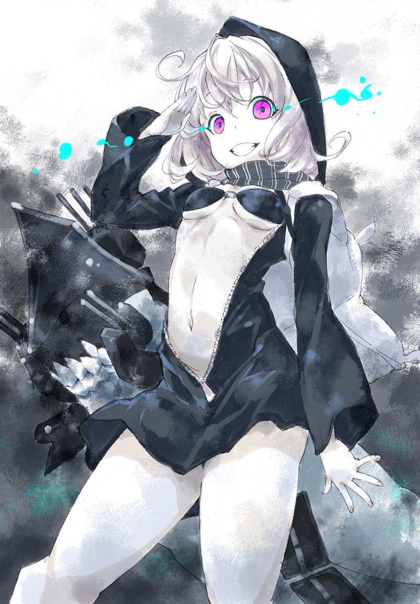 10s 1girl abyssal_ship breasts cannon female_focus glowing glowing_eyes grin highres hood hosoi_mieko kantai_collection long_sleeves nakamura_ryousuke navel o-ring o-ring_top pale_skin pink_eyes re-class_battleship scarf ship_turret short_hair silver_hair small_breasts smile solo tail weapon