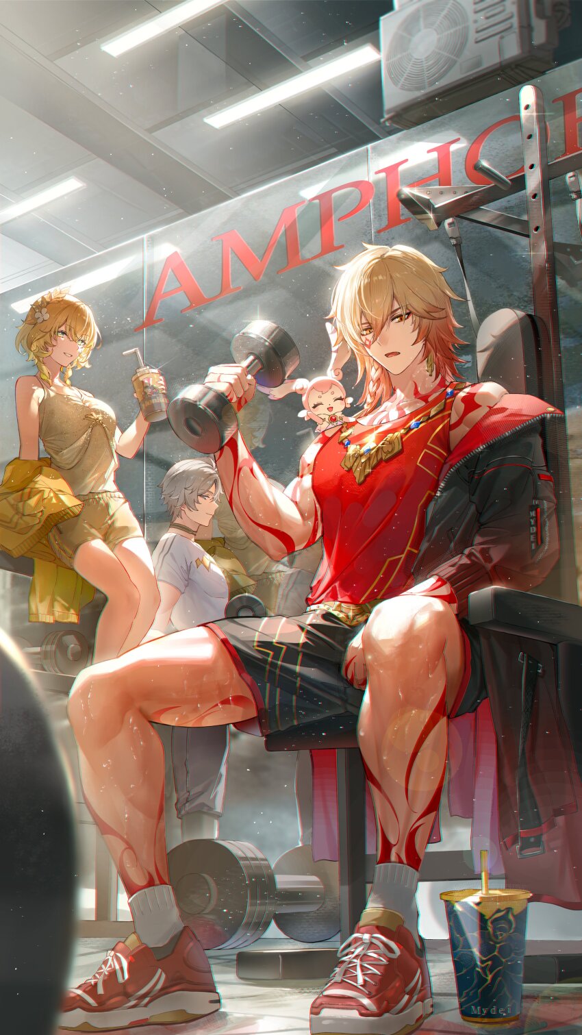 1girl 2boys abs absurdres aglaea_(honkai:_star_rail) animal animal_on_shoulder arm_tattoo blonde_hair blue_eyes blue_hair cup earrings exercising facial_tattoo flower flower_ornament gold_earrings gold_necklace gym gym_shirt gym_shorts hair_flower hair_ornament highres holding holding_cup honkai:_star_rail honkai_(series) isobe47 jacket jewelry leg_tattoo looking_at_viewer mem_(honkai:_star_rail) multicolored_eyes multiple_boys muscular muscular_male mydei_(honkai:_star_rail) neck_tattoo necklace open_clothes open_jacket orange_eyes phainon_(honkai:_star_rail) red_footwear red_tattoo shirt shoes shorts sitting smile sneakers socks tank_top tattoo toned toned_male weightlifting weights white_shirt