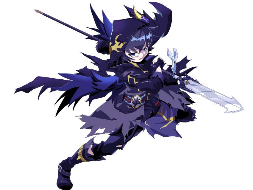 1boy absurdres belt blue_eyes coat crossed_bangs di_(duel_masters) duel_masters duel_masters_play&#039;s fingerless_gloves full_body gloves hair_between_eyes highres holding holding_polearm holding_weapon hood hood_up lance long_sleeves open_mouth pants polearm purple_coat purple_gloves purple_pants simple_background solo transparent_background weapon zeke_(analogmon)