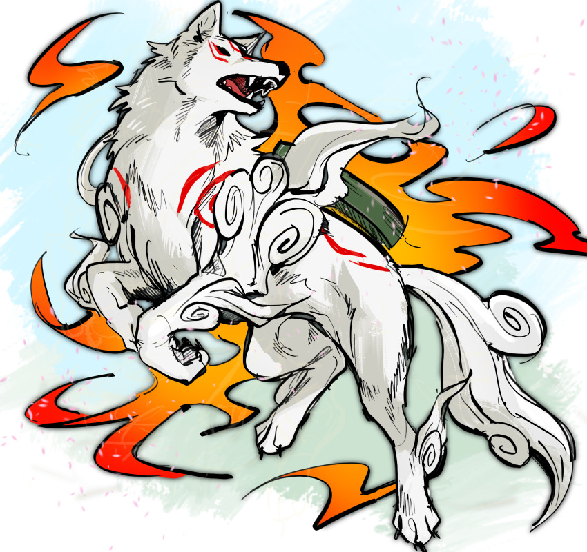 amaterasu_(ookami) animal_focus blue_background fire full_body green_background highres no_humans ookami_(game) solo wintom