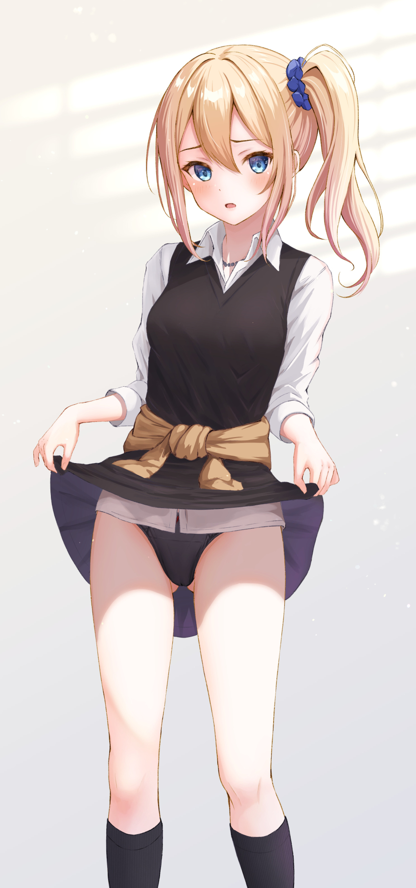 1girl :o absurdres black_panties black_skirt black_socks black_vest blonde_hair blue_eyes blush breasts brown_cardigan ca_paria cardigan cardigan_around_waist clothes_around_waist clothes_lift commentary feet_out_of_frame gluteal_fold hair_ornament hair_scrunchie hayasaka_ai highres jewelry kaguya-sama_wa_kokurasetai_~tensai-tachi_no_renai_zunousen~ kneehighs lifting_own_clothes looking_at_viewer necklace open_collar panties school_uniform scrunchie shirt side_ponytail sidelocks skirt skirt_lift small_breasts socks solo underwear vest white_shirt