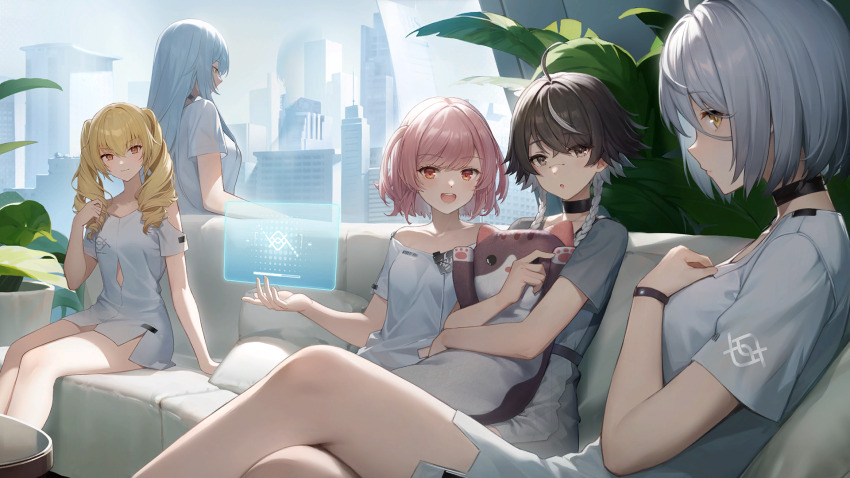 5girls :o acacia_(snowbreak) black_hair blonde_hair blue_hair building cherno_kegaard couch dress fenny_golden fritia_ignis game_cg grey_hair highres long_hair looking_at_viewer lyfe_bestla multiple_girls official_art open_mouth orange_eyes pink_hair plant short_dress short_hair smile snowbreak:_containment_zone thighs third-party_source