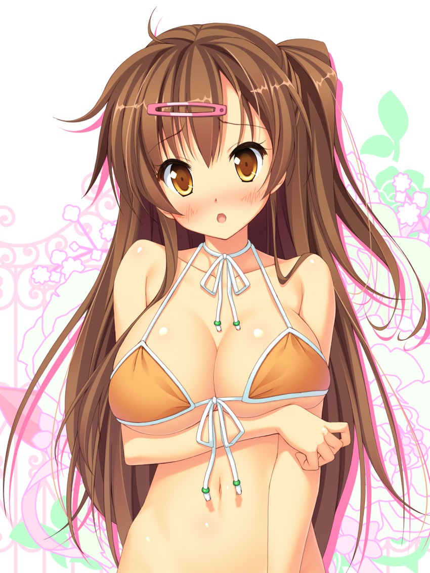 10s 1girl :o bare_shoulders bikini blush breast_hold breasts brown_eyes brown_hair chuunibyou_demo_koi_ga_shitai! collarbone female_focus front-tie_top hair_ornament hairclip highres hinata_nao large_breasts long_hair looking_at_viewer navel nibutani_shinka one_side_up orange_bikini raised_eyebrows solo swimsuit upper_body